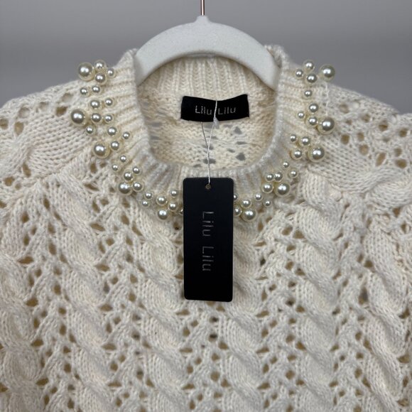 LiLu LiLu Women's Cable Knit Pullover Sweater with Pearl Detailing, Size 10, - Picture 4 of 7